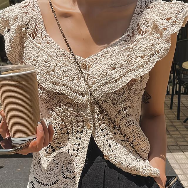 TEMU Solid Color Button Front Blouse, Boho Short Sleeve Cut Out Cardigans Top For , Women's Clothing