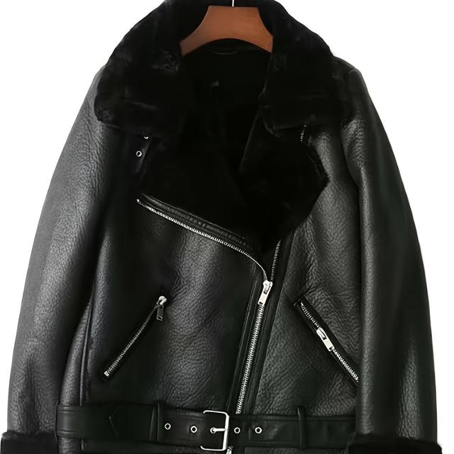 TEMU Za 2025 Autumn And Winter Coat Women's Fleece-lined Thickened Couple Motorcycle Jacket