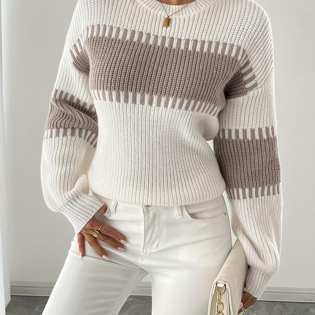 TEMU New Summer Collection Of Casual And Elegant Women's Long-sleeve Sweaters, Featuring Round Neck Pullovers In Stylish White And Khaki Colors, Beautiful Tops And Shirts