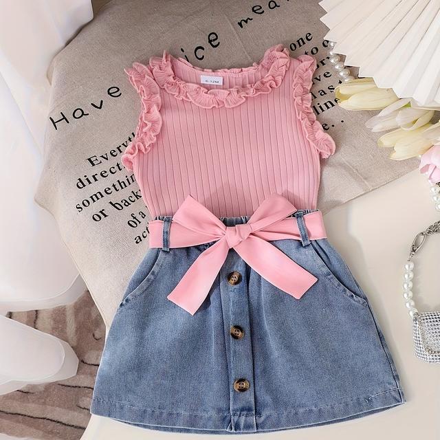 TEMU Summer Girls' Dress Set Featuring A Solid Color Lace Ribbed Tank Top With A Denim Skirt And Belt, All In 3 Pieces