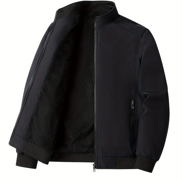 TEMU Men's Autumn And Winter Thickened Fleece Jacket, Stylish Solid Color Windbreaker With A Stand Collar For Young And Middle-aged Men