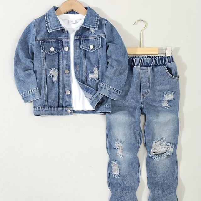 TEMU Boys' Autumn And Winter Denim 3pcs Set: Casual Windproof Jacket + Round Neck T-shirt + Washed Distressed Jeans, Perfect For Outdoor