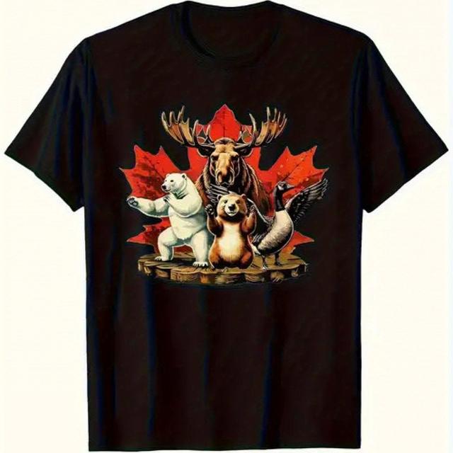 TEMU Men's T-shirt 100% Cotton Oversized Fit With Beaver Elk Bear & Maple Leaf Print - Canada-themed Casual Shirt For Canada Day (s-xxxl) - Canadian Graphic Tee