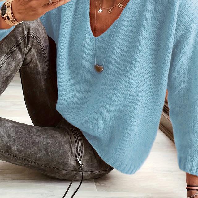 TEMU 2025 핫 가을/겨울 심플 베이직 솔리드 컬러 우아한 여성용 긴팔 루즈핏 편안한 레이지 스타일 캐주얼 V넥 풀오버