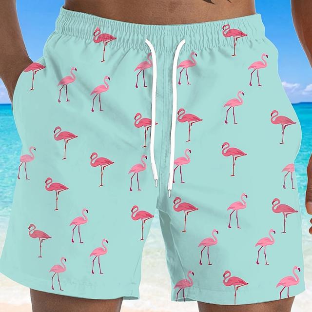 TEMU شورت شاطئ رجالي بطباعة ثلاثية الأبعاد بتصميم فلامنغو - خفيف الوزن من البوليستر بنسبة 100% مع حزام مطاطي وجيوب، شورتات صيفية زاهية اللون للتركواز لجانب المسبح والأنشطة الخارجية، مقاس كبير