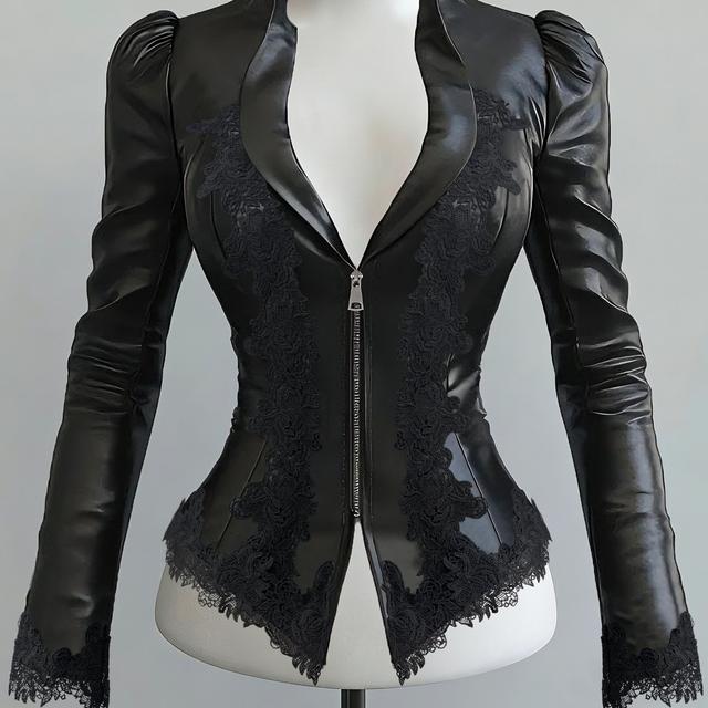 TEMU Elegante chaqueta de manga larga para mujer, primavera/verano, con solapa pequeña | Material tipo PU, adornos de encaje , cierre frontal con cremallera, diseño ajustado