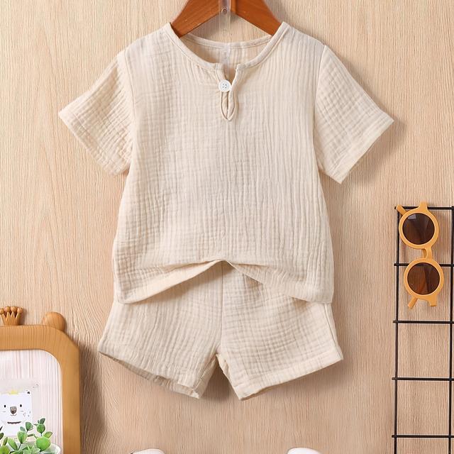TEMU Boys' Summer Fashion Double-layer Ribbed Apricot -breasted Short Sleeve Round Neck T-shirt Top + Elastic Waist Double-layer Ribbed Heart Apricot Shorts Set For Toddlers And Preschoolers, Outdoor