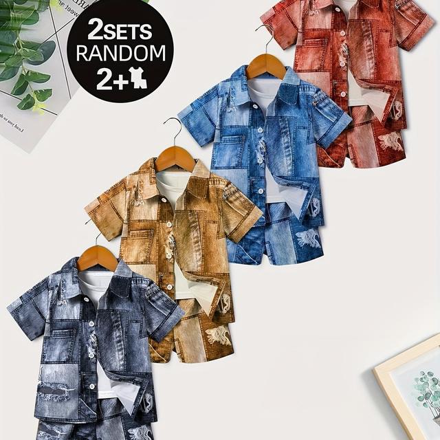 TEMU طقم صيفي للبنين من 4 قطع - تيشيرت وبنطلون قصير بوليستر، قابل للغسيل بالماكينة، مريح ومناسب للأنشطة الخارجية