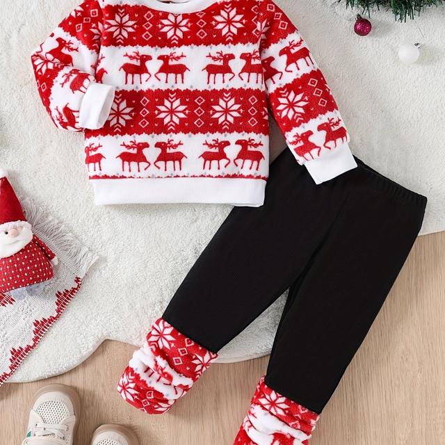 TEMU Cute Christmas Plush Reindeer Two-piece Set For Baby Girls, Featuring Long Sleeves And Pants, Suitable For Spring And Autumn With Random Prints, For Outdoor