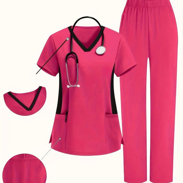 TEMU Short-sleeved Work Uniform With A V-neck And Pockets, Featuring Elastic Waist And Side Slits, Suitable For Casual Wear In All