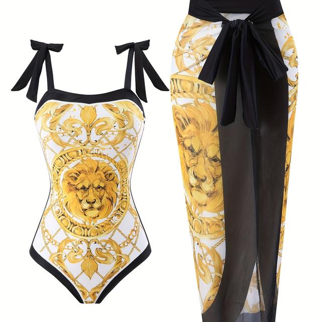 TEMU Damen-Badeanzug-Set mit goldenem Löwen-Thema und Spitzen-Detail - Top mit offenen Schultern & fließende Hose, dehnbares Material, -Schwimmen, Badeanzug-Set|Löwen-Druck-Design|Stretch-Material