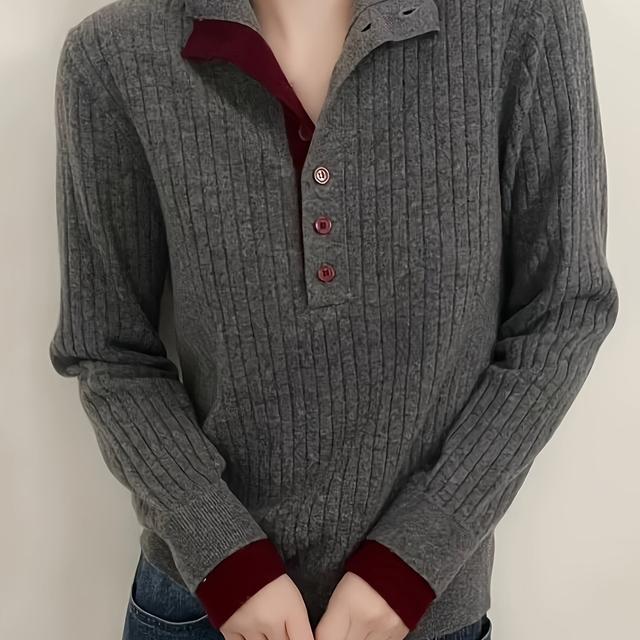 TEMU Women's Autumn Winter Casual Color-block Sweater - Soft Ribbed Texture, Fit, Burgundy Button Detail & Collar, Medium Stretch For Office & Casual Attire, Cute Sweater, Medium Elasticity Fabric