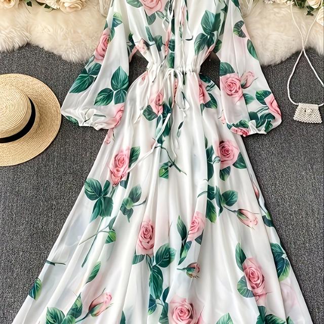 TEMU Women's Bohemian Floral Print Maxi Dress With Puffy Sleeves & Round Neck - Lightweight 100% Polyester Machine-washable Spring Summer Party Dress, Elastic Waistband, Vibrant Pink Roses On White
