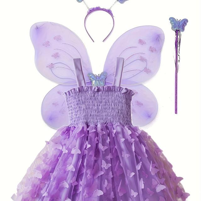 TEMU 4pcs ' Dress Set With 3d Mesh Tulle Princess Costume For Halloween And Christmas (dress + Headband + Wings + )
