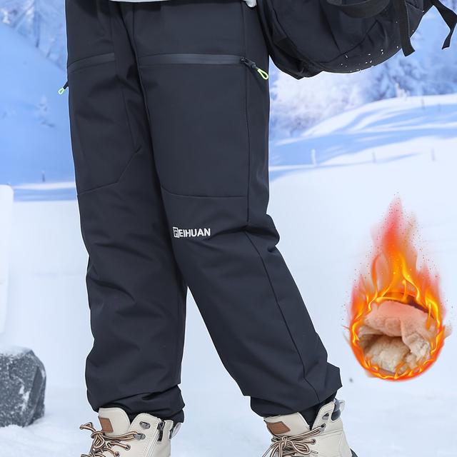 TEMU Boys' -lined Thickened Casual Pants, Autumn Winter Snowpants Warm Cargo Outdoor Sports Trousers With Zippered Pockets, Perfect For Outdoor