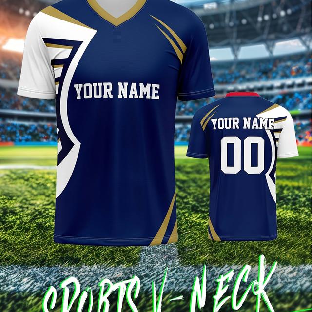 TEMU Custom Men's V-neck Soccer Jersey - Personalize & Number, Navy Blue And White, Lightweight Polyester, Ideal For Training, Casual Parties & Sports Activities