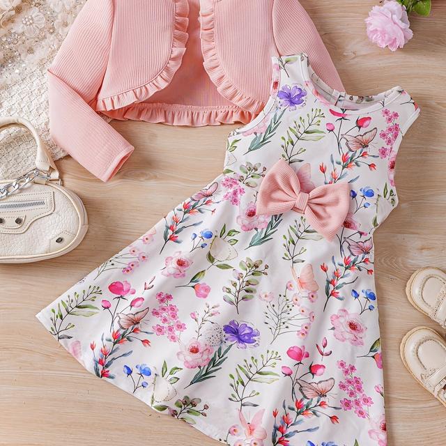 TEMU And Autumn Fashion Set For Girls Featuring A Floral Print Dress And A Knitted Jacket, Two-piece Outfit, For Outdoor