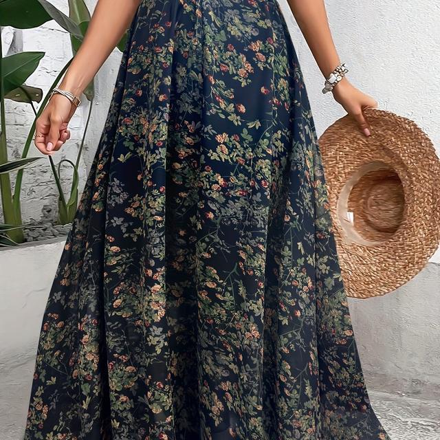 TEMU Plus Size, Plus-size Women's Bohemian Style Floral Print Chiffon Skirt, Long Flowing Midi Summer Dress