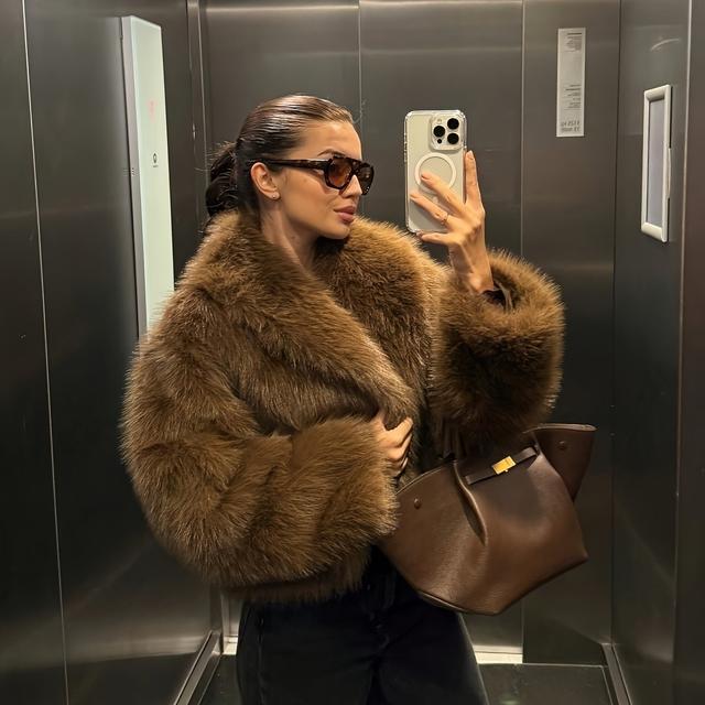 TEMU Peachyzl Women's Elegant Fur Coat - Thickened Winter Jacket With Plush Lining, Loose Fit Long Sleeve Coat For Fall/winter, Brownred/