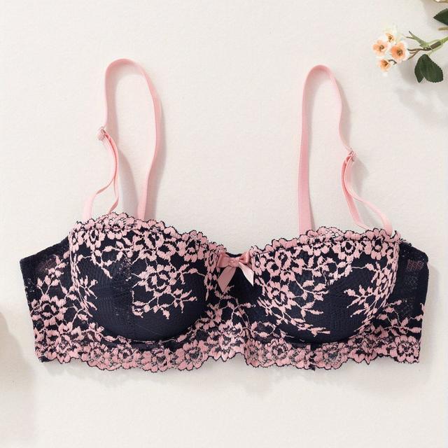 TEMU Eleganter grüner und weißer Blumen-Spitzen-BH mit Push-Up-Effekt und Schleifendetail - Hohe Stütze, rutschfeste Design für Frauen