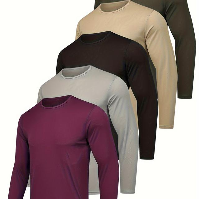 TEMU 5 Camisetas de Manga Larga para Hombre en Colores , Cuello Redondo, Transpirables, Ideales para Deportes, Fitness Casual y Actividades al Aire Libre.