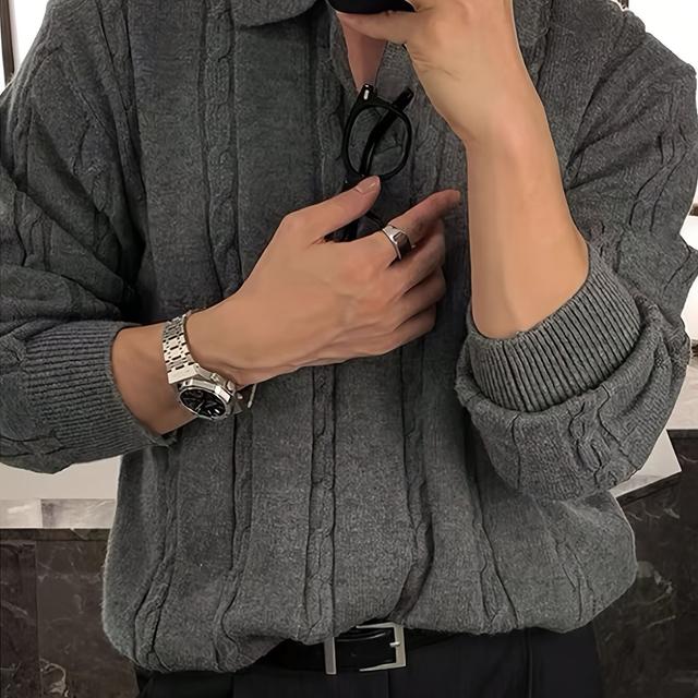 TEMU 남성용 코지 케이블 니트 가디건 - 긴 소매, 리브드 커프가 있는 버튼업 풀오버, 갈색, 가을 & 겨울 야외 활동 및 캐주얼 착용에 완벽, 캐주얼 의상, 겨울 가디건 | 버튼업 풀오버 | 중간 탄력