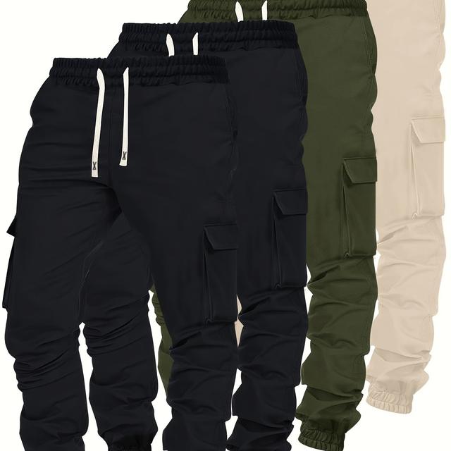 TEMU 4 Stück Herren Cargo Hosen, Herbst/Frühling Mehrfachtaschen Einfarbige Hosen mit Elastischem Bund Kordelzug, Casual Sport Jogger Lange Hosen
