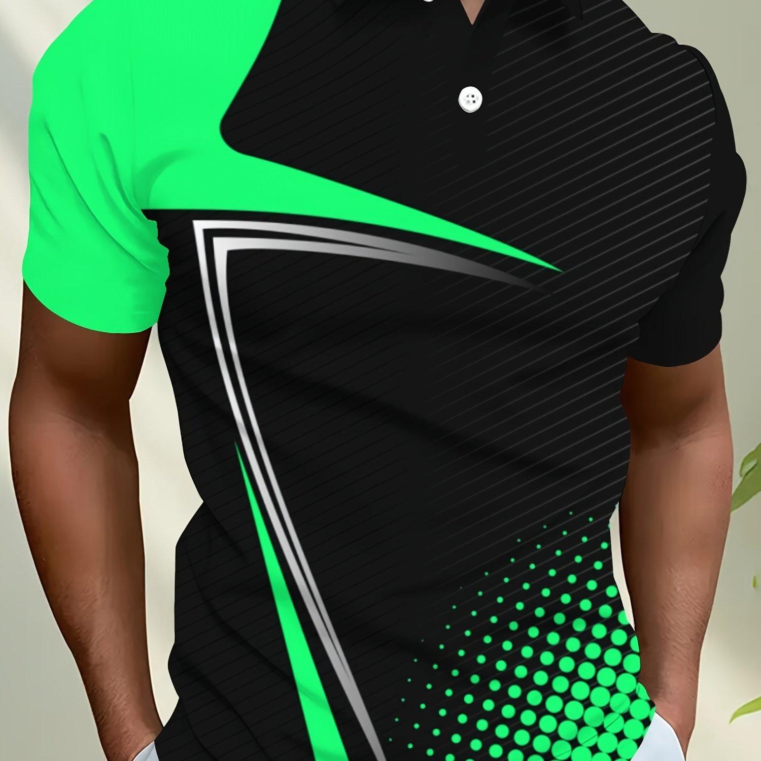 TEMU Men' Style Short Sleeve Shirt- Black And Blue Geometric Pattern Print, Button Collar, Machine Washable, Summer , Plus Size