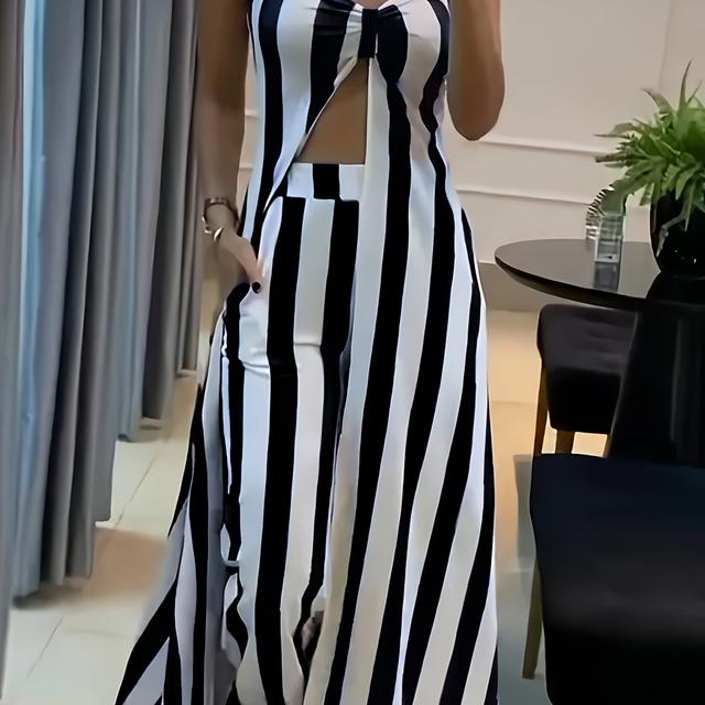 TEMU Chic Striped Off- Top & Pants Set With Side Pockets - Breathable, Casual Women's , Directed Development, Outdoor, Spring Summer Autumn