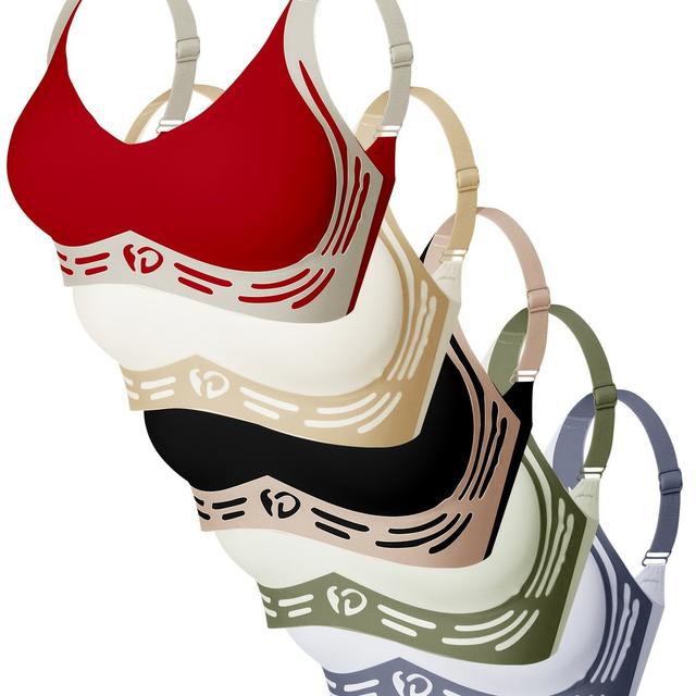 TEMU Set Of 5 New Style Women's Bras With Fixed Cups, Wide Shoulder Straps, Gathered Design To Prevent Side Spillage, Anti-sagging, , Comfortable And Seamless