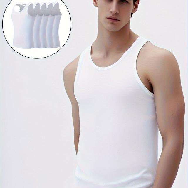TEMU 5pcs Men's Summer Lightweight Loose Breathable Solid Color Vest Casual Trendy Base Layer Outerwear Cotton Sleeveless Sports Tank Top