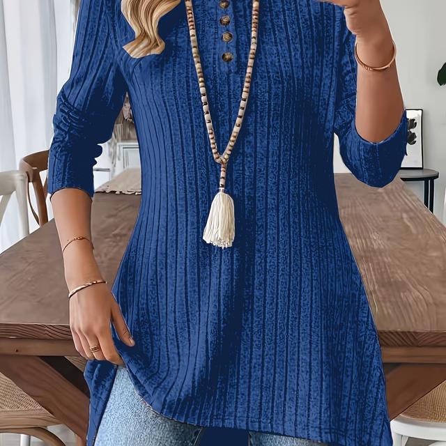 TEMU Plus Size - Plus Size - Plus Size - Plus Size - Elegante Plus Size Bluse mit langen Ärmeln, asymmetrischem Saum & Knopfdetails - Unifarben, mittlerer Stretch, Rundhalsausschnitt