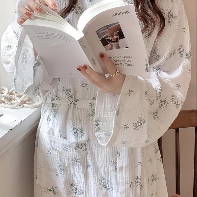 TEMU Women's Floral Print V-neck Robe - Loose Fit, Long Sleeve, Lightweight Polyester Kimono Bathrobe For , Casual , Bathrobe