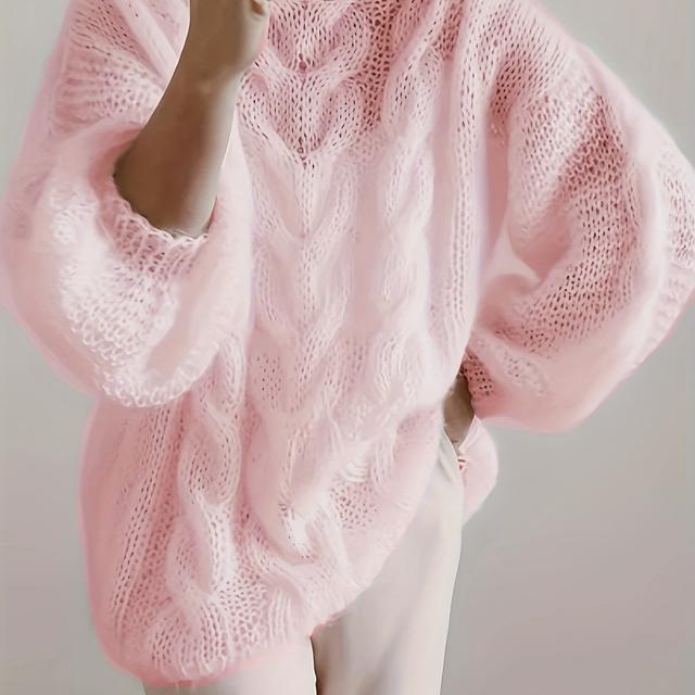 TEMU Plus Size - Plus Size - Elegante, pure en gemakkelijke casual trui voor de herfst en winter, met een kleur, lange mouwen, ronde hals en kabelpatroon, verkrijgbaar in plus sizes voor dames