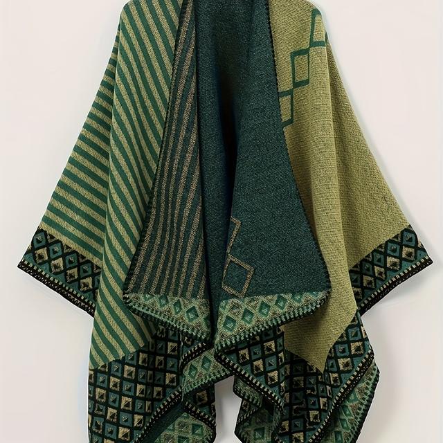 TEMU Plus Size - Plus Size - Women's Thickened Warm Jacquard Shawl Cardigan For Autumn And Winter, Featuring A Split Design And In Plus Sizes