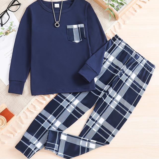 TEMU Verynew Boys' Cozy Plaid Pajama Set - Round Neck, Long Sleeve Top & Pants For Spring/fall - Machine Washable
