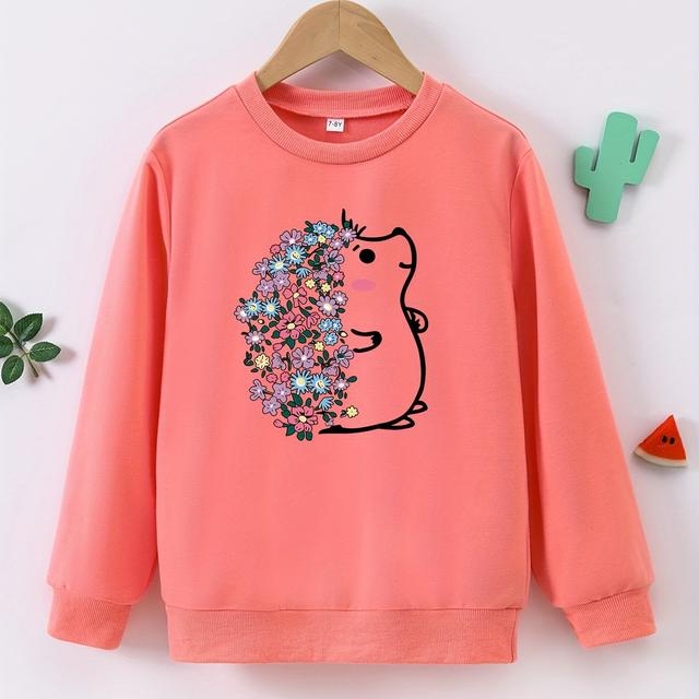 TEMU Cute Cartoon 'flower Hedgehog' Print Sweatshirt For Girls With Long Sleeves For Spring And Autumn