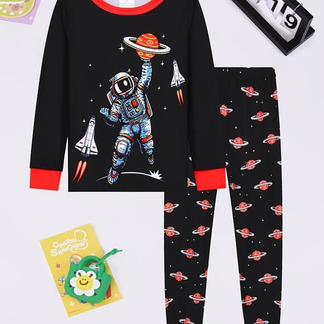 TEMU 1-set Astronauten-Pyjama-Set für Jungen, Langarm und Hose, Digitaldruck und , lässiger Rundhals, gestricktes Material, weiches, bequemes, warmes, passendes , Polyester- und Spandex-Mischung