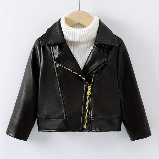 TEMU Short Leather Jacket With A Lapel And Diagonal Zipper, Unlined.