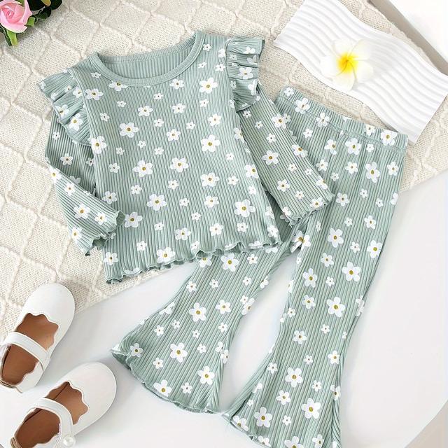 TEMU Girls' Cute Floral Print Flutter Sleeve Round Neck Long Sleeve + Flared Pants Set, Perfect For Outdoor