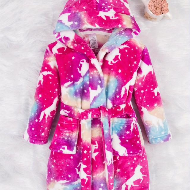 TEMU Girls' Flannel Printed Soft Comfortable Party Loungewear Robe With Bottom Hem Or Back Neckline, Gift For 2-11 Year Olds