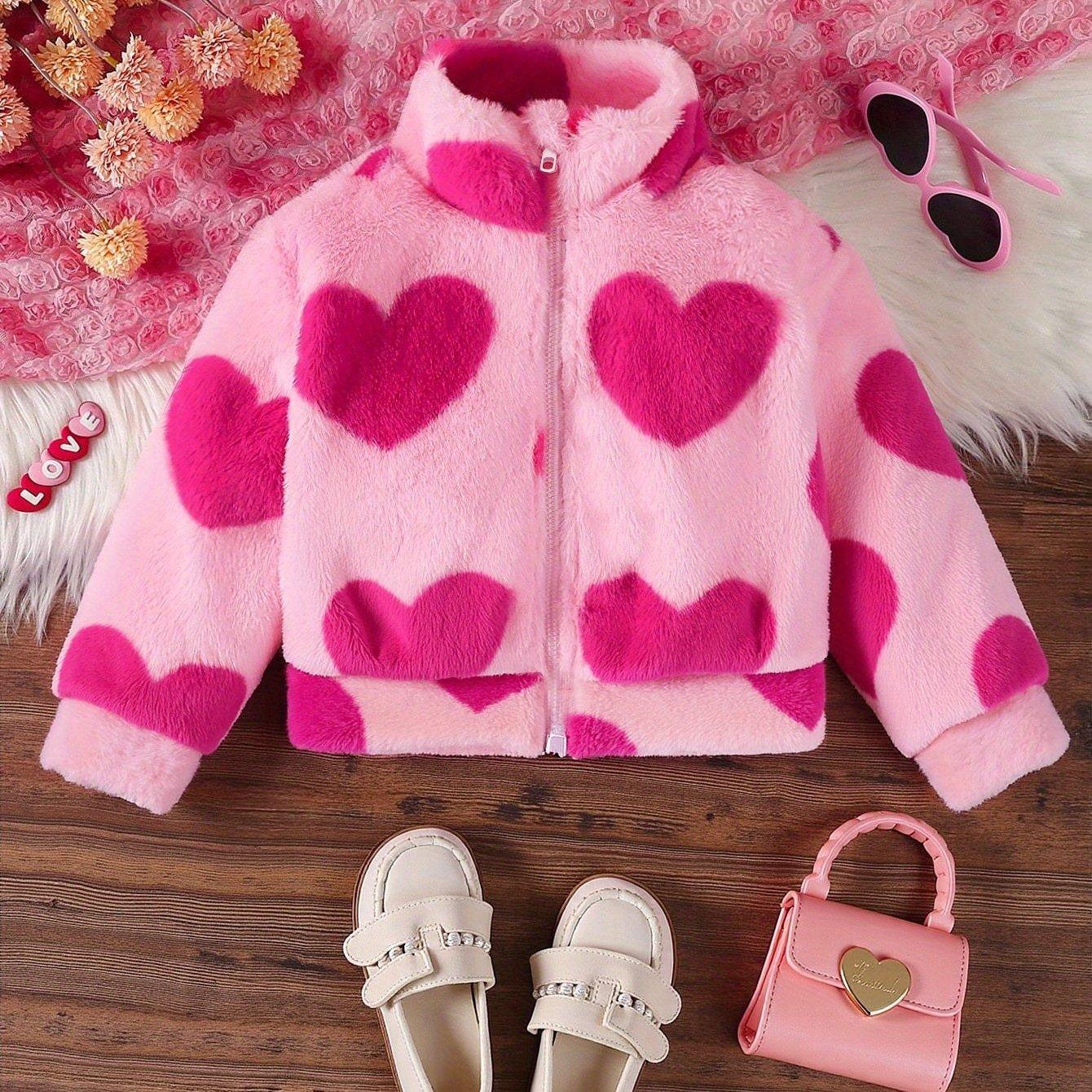 TEMU Girls' Autumn/winter Plush Zipper Jacket With Small Collar