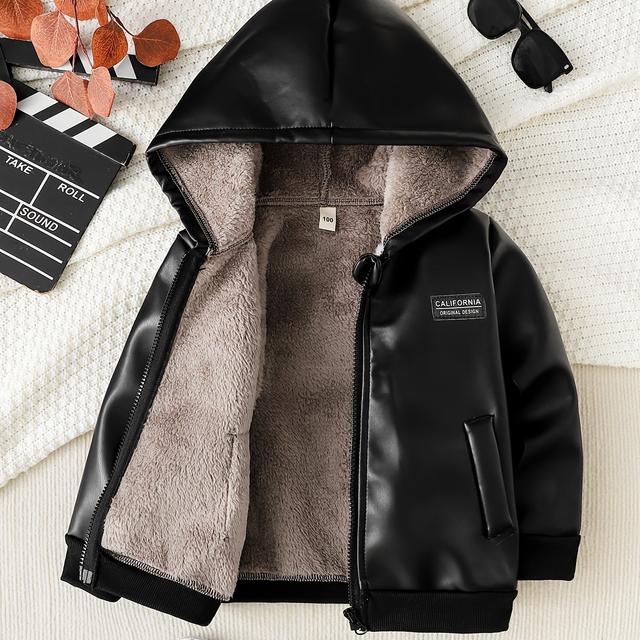 TEMU Boys' Fleece-lined Jacket In Brown With A Hood And Zipper, Featuring English Letter Graphics. A Stylish And Warm Top For Boys During Autumn And Winter