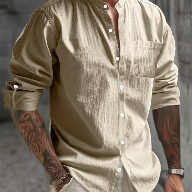 TEMU Long Sleeve Linen Shirt - Solid Color, Button-up With Stand Collar, Regular -season Casual & Outdoor Wear, Versatile Menswear, Durable Fabric