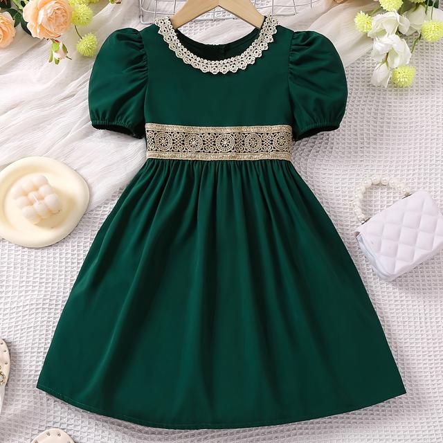 TEMU Girls' -line Dress With Puff Sleeves & Hem - Short Sleeve Knee-length Retro Party Dress, Bell & Lace Trim For Spring Summer Fall, Outfits, Picnic & Casual Attire (machine Washable) - ' Clothing