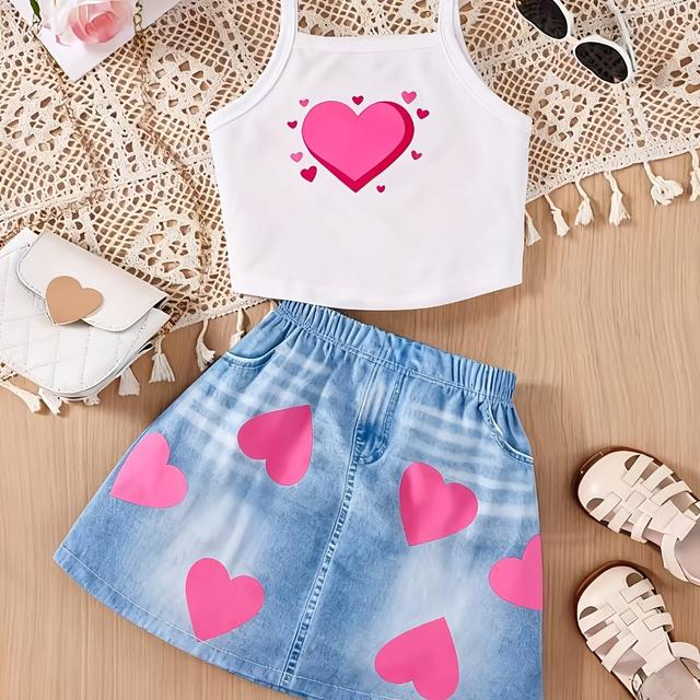 TEMU Juego de 2 Piezas: Camiseta para Niñas + Falda de Denim, Tela y Elástica. Ideal para Uso Diario y Salidas de Vacaciones. para Regalar