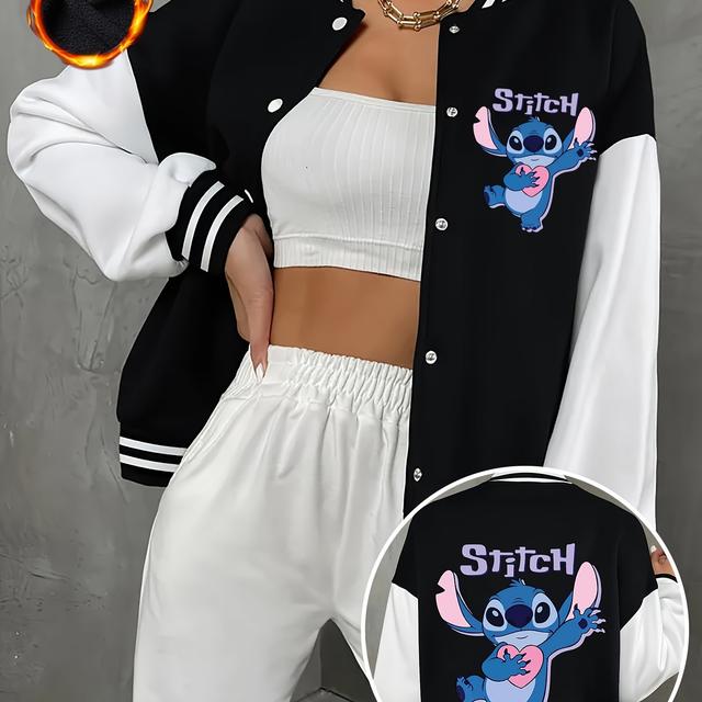 TEMU Jaqueta de Beisebol Lilo & Stitch com Estampa de e Bloco de Cores, Cardigã de Manga Longa com Botões, Moda Casual Feminina