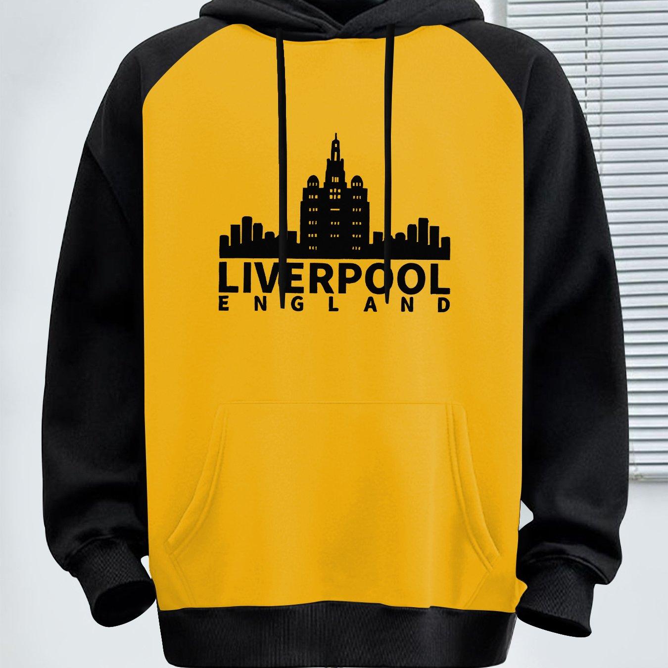 TEMU 1pc Men's Casual Print England Cityscape Hoodie, Polyester Knit Fabric, Regular Fit, Drop Shoulder Sleeves, Pullover Hooded Sweatshirt, Thick