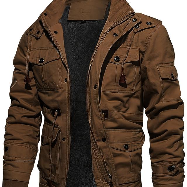 TEMU Men's Winter -lined Thickened Warm Mid-length Casual Cargo Jacket With Multiple Pockets And Zipper
