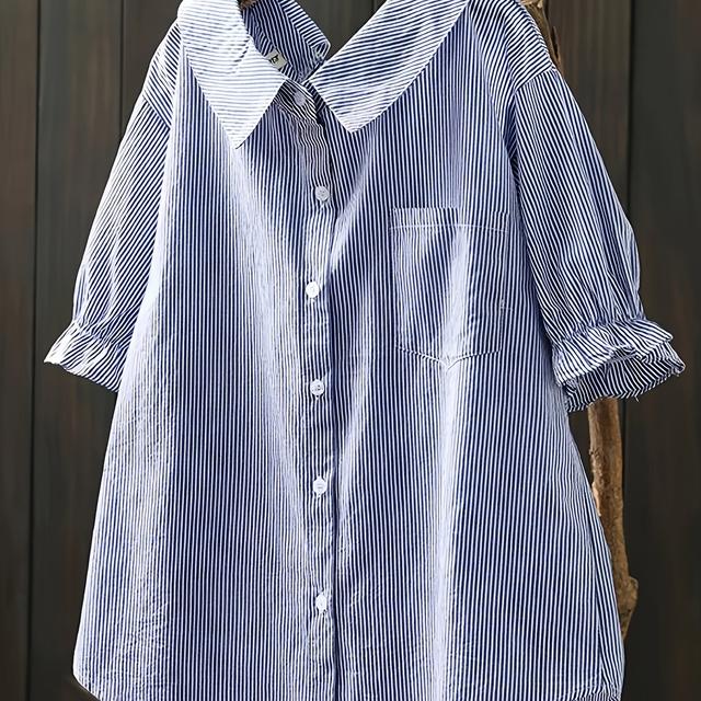 TEMU 여성용 화이트 반팔 블라우스 - 수직 블루 와 러플 칼라, 버튼 프론트 셔츠, 봄 여름 가을 캐주얼 & 세미포멀 웨어, 세탁기 사용 가능 (논스트레치)